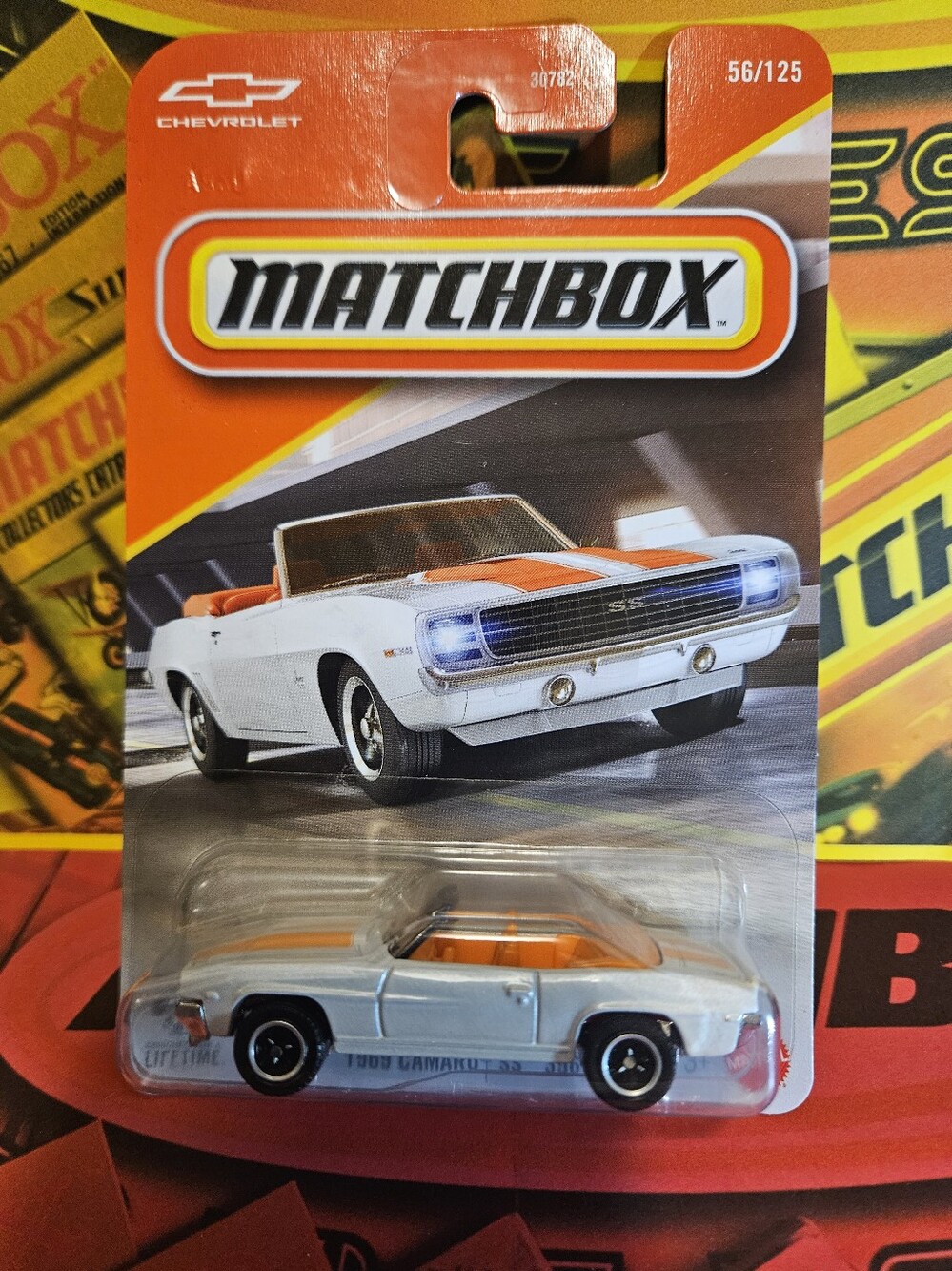 Matchbox White 1969 SS Camaro Convertible with Orange Stripes